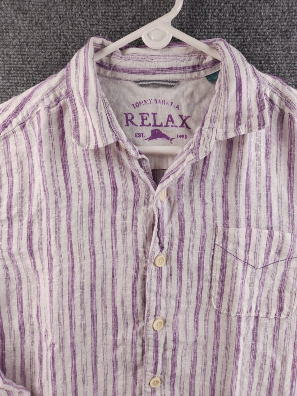 Tommy Bahama Striped Linen Medium Purple Casual Button Up Shirt Vacation Beach